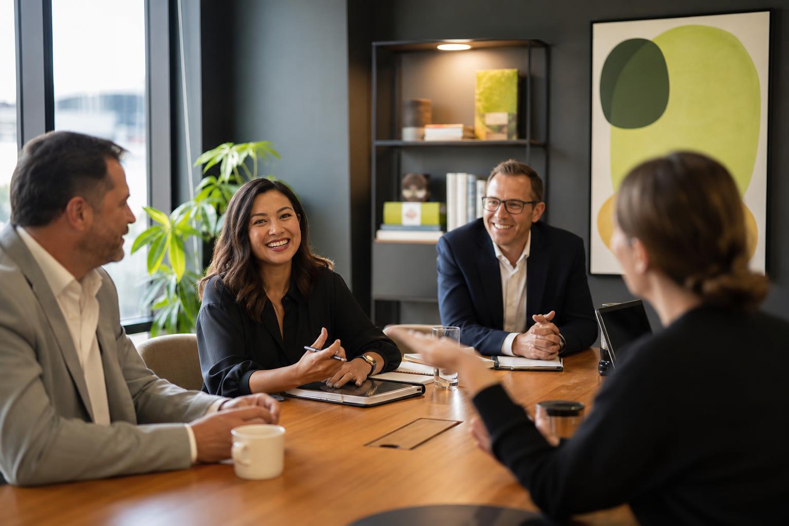 Profesionales en sesión presencial con networking